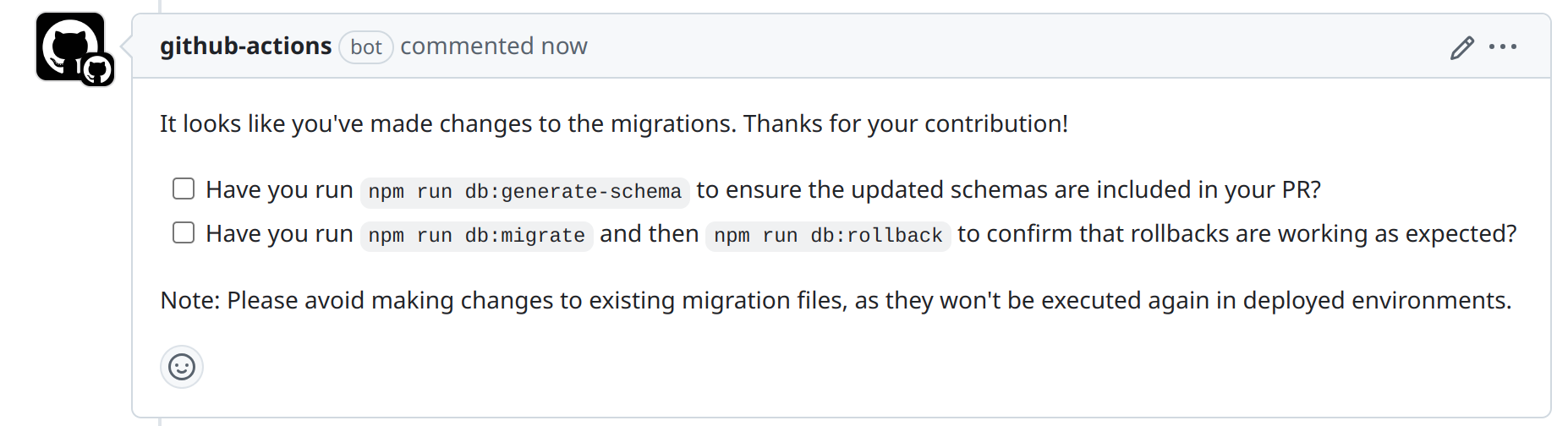 Checklist for migration updates with reminders about schema generation and rollback testing, and a note to avoid editing existing migrations